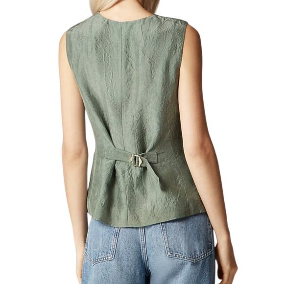 J. Crew Essential Cutaway Vest Top Textured Satin Green Cypress Button Large 14 - Picture 2 of 8